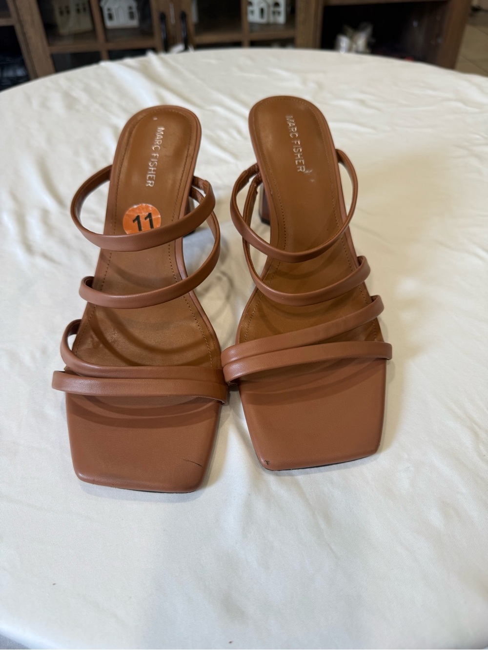 Marc Fisher Tan Multi-Strap Square-Toe Heeled Sandals